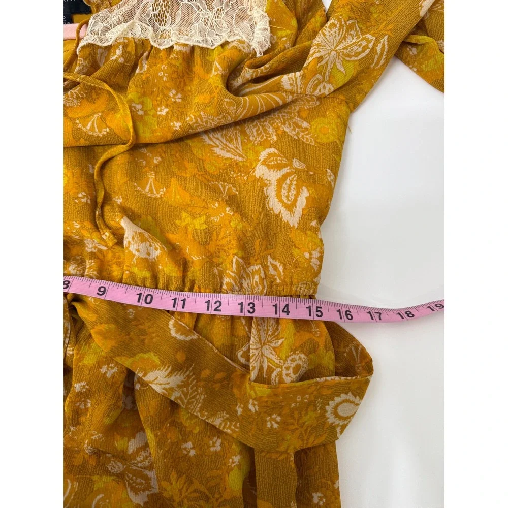 Tahari Floral Mini Dress 12 Mustard Yellow Lace Yoke Long Sleeve Boho Tiered - Picture 7 of 10
